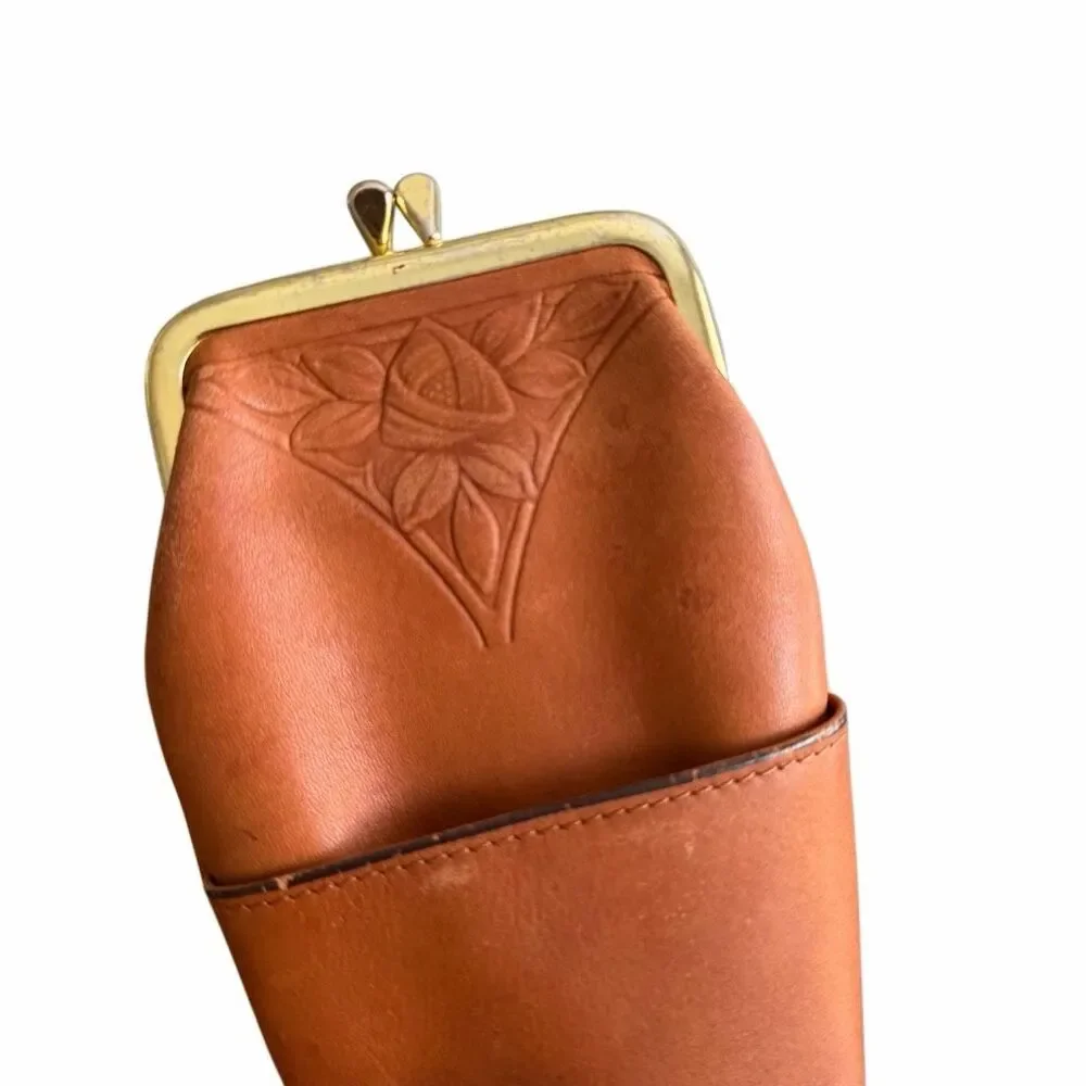 Vintage Rolfs Genuine Leather Cigarette Case Coin Purse Kiss Lock Brown Floral